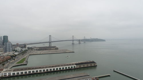 High angle view of suspension bridge over sea