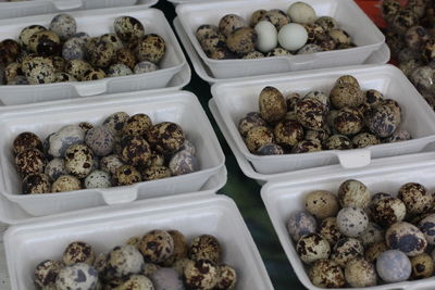 High angle view of quail eggs for sale at market stall