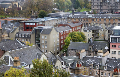 High angle view of houses in town