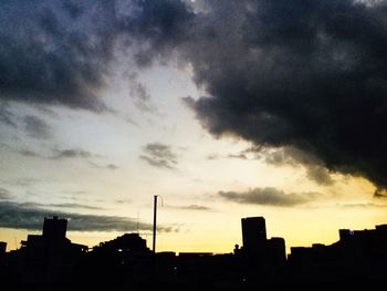 Silhouette of buildings against cloudy sky