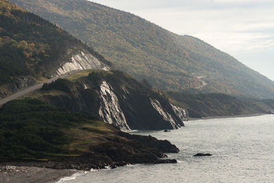 Scenic view of mountain by sea against sky