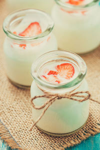 High angle view of breakfast on table