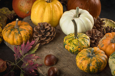 High angle view of pumpkins on table