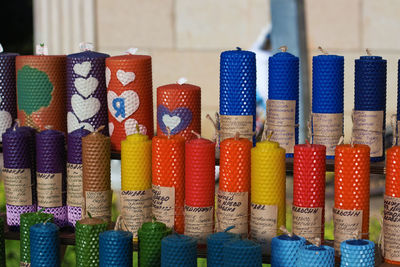 Close-up of multi colored pencils for sale