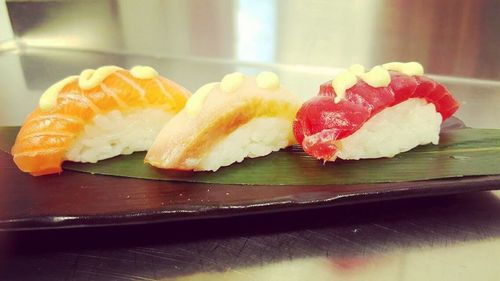 Close-up of sushi in plate on table