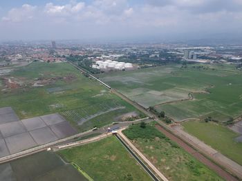 High angle view of agricultural field against sky