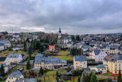 High angle view of townscape against sky