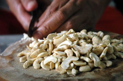 Close-up of hands chopping cashew nuts with knife 