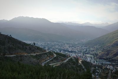 High angle view of mountains against sky