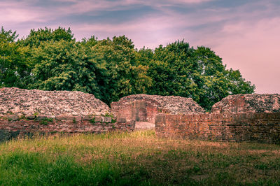 Old ruin on field against sky