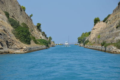 Scenic view of sea against clear blue sky