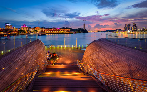 View of illuminated cityscape against sky during sunset