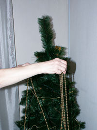 Cropped hand of woman holding christmas tree