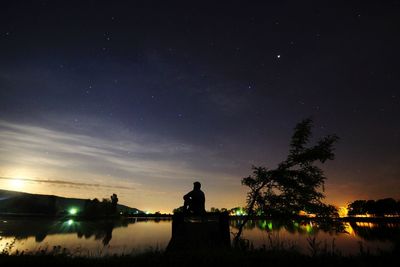 Silhouette trees by lake against sky at night