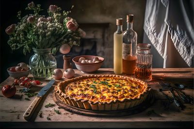 Gourmet quiche lorraine with bacon, cheese, and egg custard filling