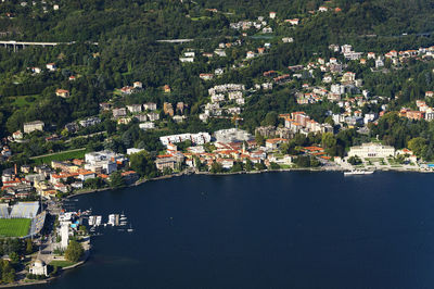 River against built structures on landscape