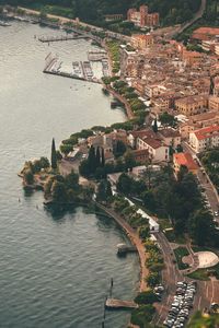 High angle view of river amidst buildings in city