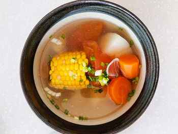 High angle view of soup in bowl
