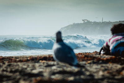 Close-up of man in sea against sky