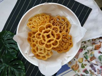High angle view of pasta in bowl on table