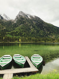 Boats moored at lakeshore against sky