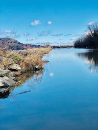 Scenic view of lake against blue sky