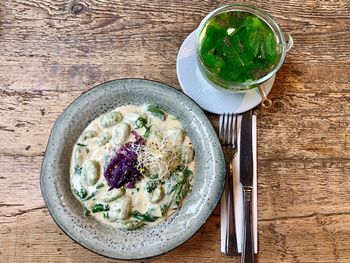 High angle view of breakfast served on table