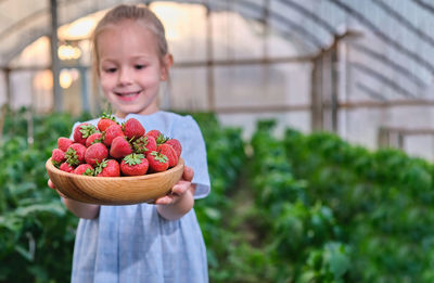 Portrait of boy holding strawberries