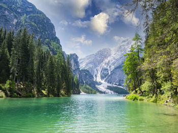 Landscape of lake braies in tyrol