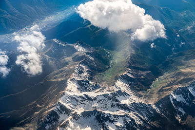 Aerial view of snowcapped mountains against sky