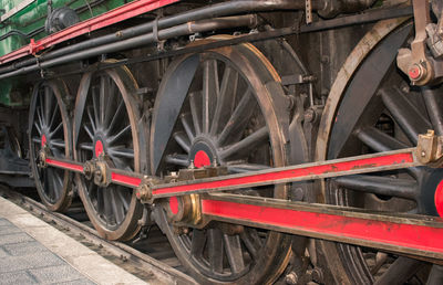 Detail of wheels of a vintage steam train locomotive	