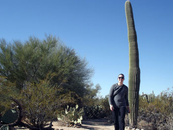 Young woman standing by saguaro cactus on field against clear blue sky