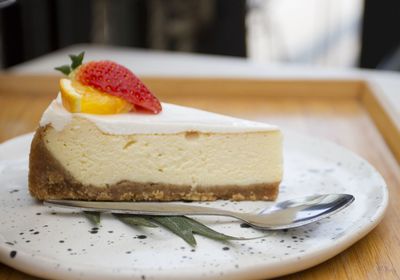 Close-up of cake in plate on table