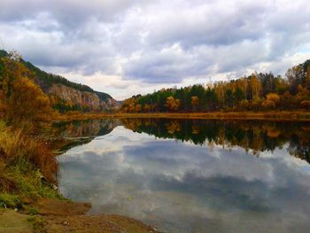 Scenic view of lake and mountains against sky