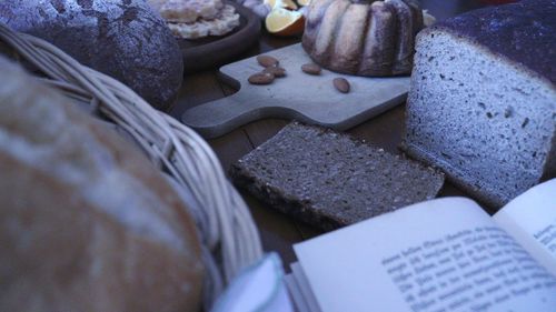 High angle view of food on book