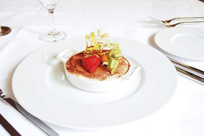 High angle view of dessert in plate on table