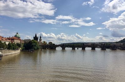 Bridge over river by buildings against sky in city