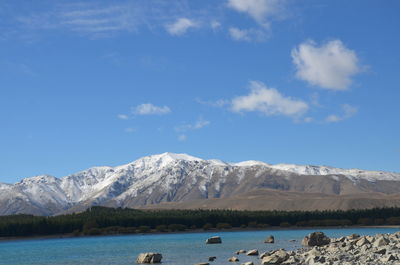 Scenic view of lake by snowcapped mountains against sky