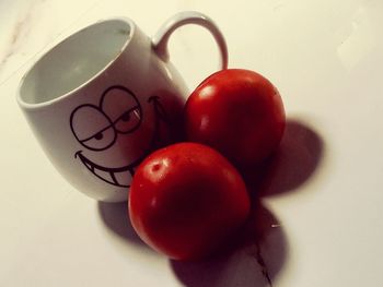 High angle view of strawberries on table