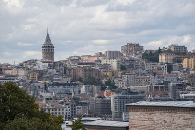 Buildings in city against cloudy sky