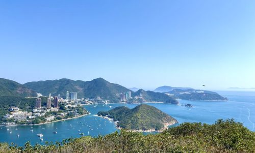 Scenic view of sea against clear blue sky