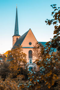 Low angle view of trees and buildings against sky