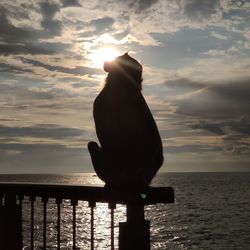 Silhouette statue on beach against sky during sunset