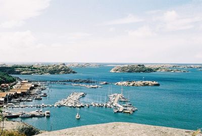 High angle view of marina in city