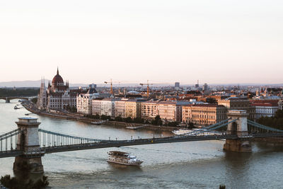 High angle view of szechenyi chain bridge over river in city against sky