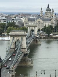 Széchenyi chain bridge over river with budapest city background 