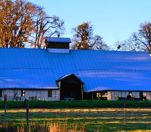 Barn on field by buildings against blue sky