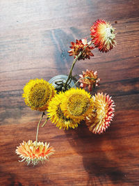 High angle view of sunflowers on table