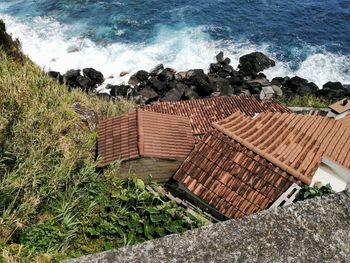 High angle view of rocky beach