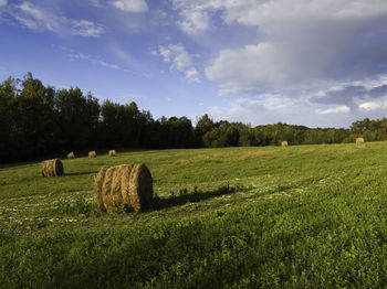 Hay bales on field against sky